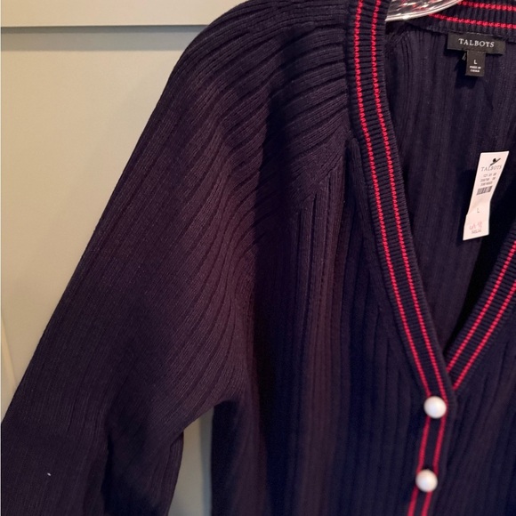 NWT Talbots Navy V-Neck Cardigan w Red Trim and Faux Pearl Accents SZ L - Picture 3 of 13